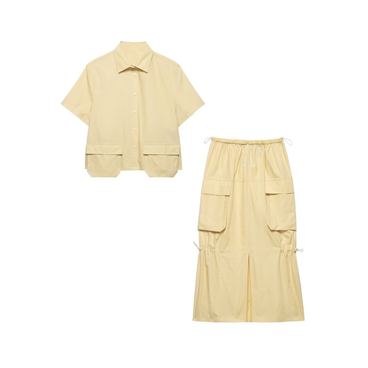 suit Women's 2 pieces pocket decoration casual lapel shirt+skirt