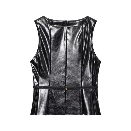 Women's New With Belt Short Faux Leather Effect Top