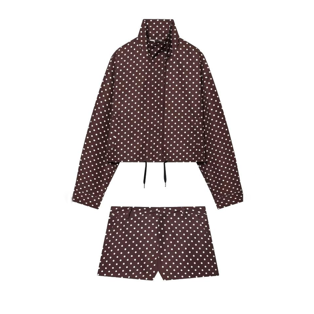 Women's new fashion short stand collar polka dot Bubble gauze Coat + Shorts suit