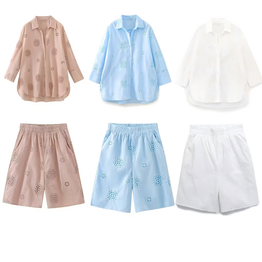 suit Women's 2 pieces loose hollow embroidered shirt+Shorts
