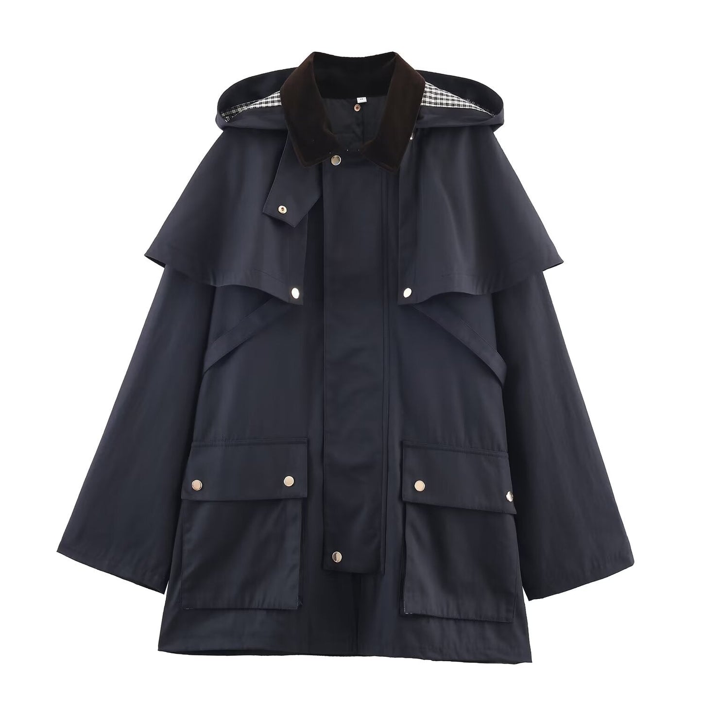 Women's new fashion contrasting collar loose hooded windbreaker Coat