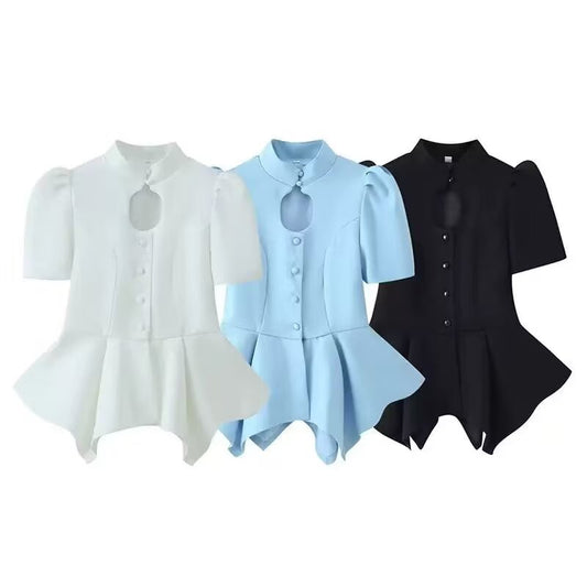 Women's hollowed out bubble sleeve waist cinched top