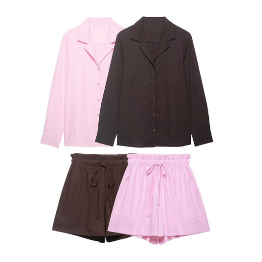 suit Women's 2 pieces pocket decoration linen blend shirt+shorts