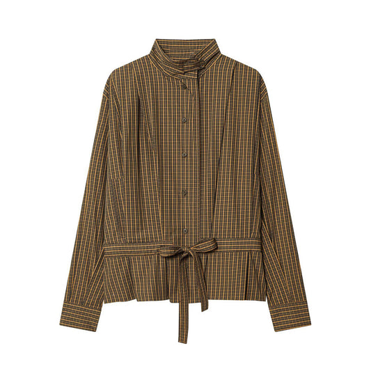 Women's bow decoration casual checkered shirt