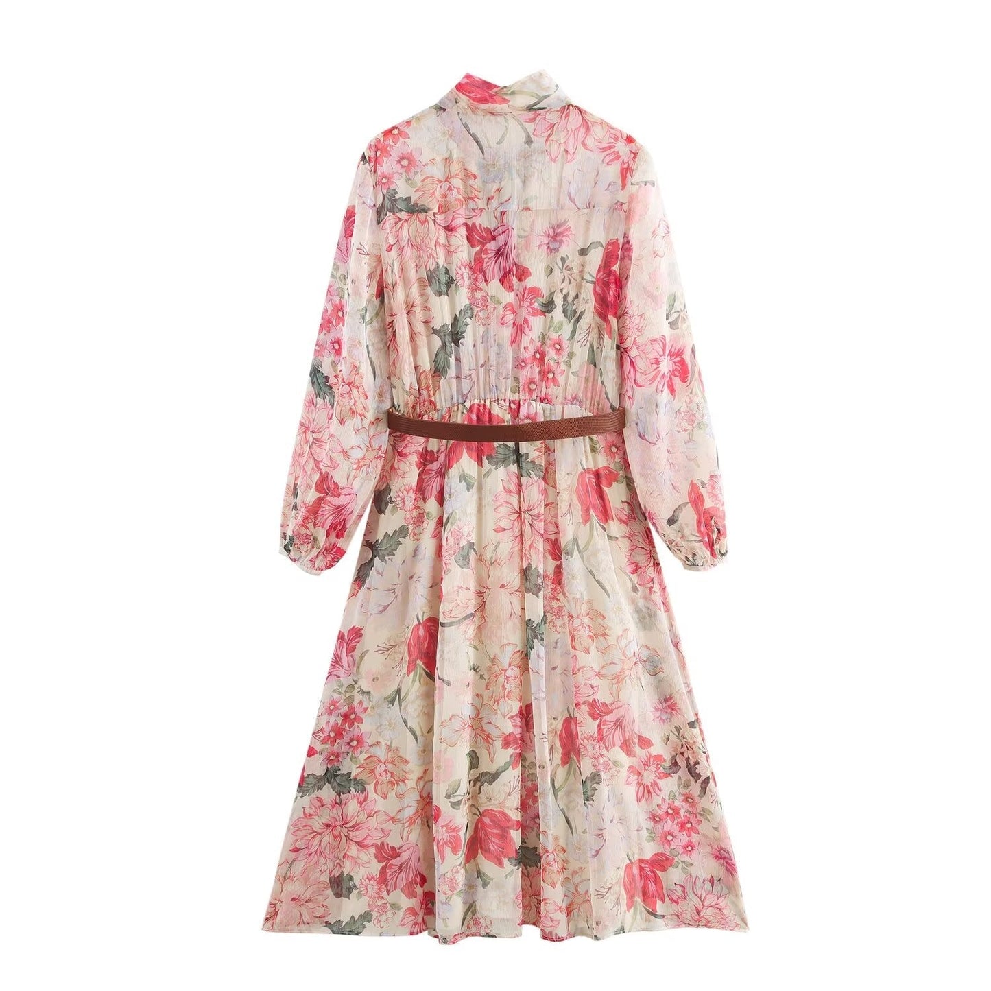 Women's new chic Fashion with Belt bow tie decoration loose flower print MIDI dress retro long sleeved women's dress Mujer