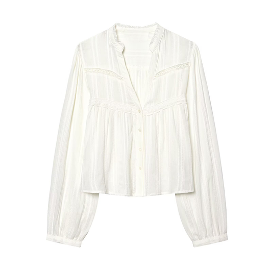 Women's lace decoration short V-neck shirt
