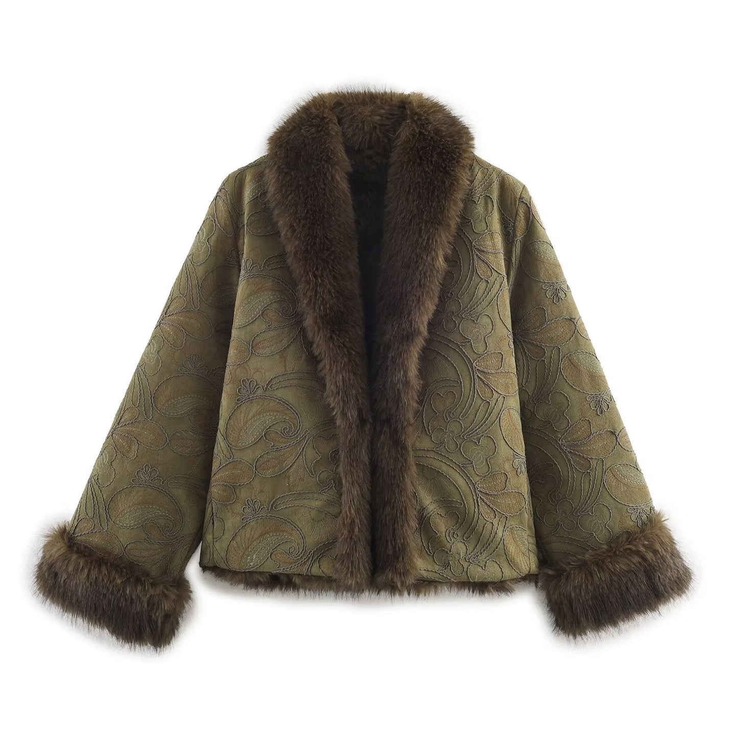 Women's artificial fur effect double-sided embroidered coat