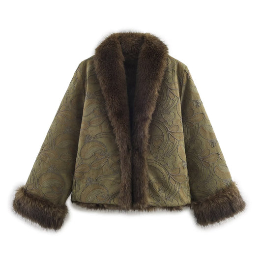 Women's artificial fur effect double-sided embroidered coat