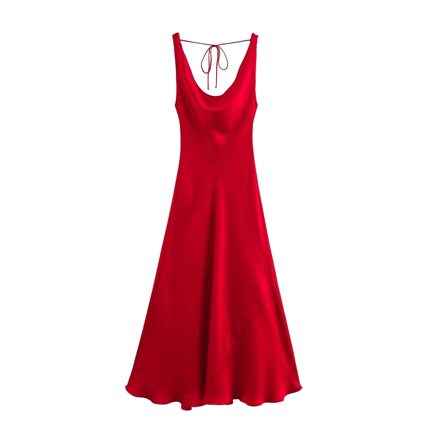 Women's new Fashion pleated decoration sexy slim fit satin texture backless Midi dress retro sleeveless lace up women's dress Mujer
