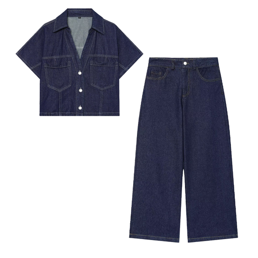 suit Women's 2 pieces comfortable high waisted wide leg jeans+denim shirt
