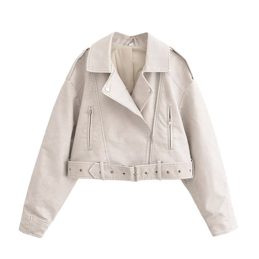 Women's with Belt short Faux Leather jacket Coat