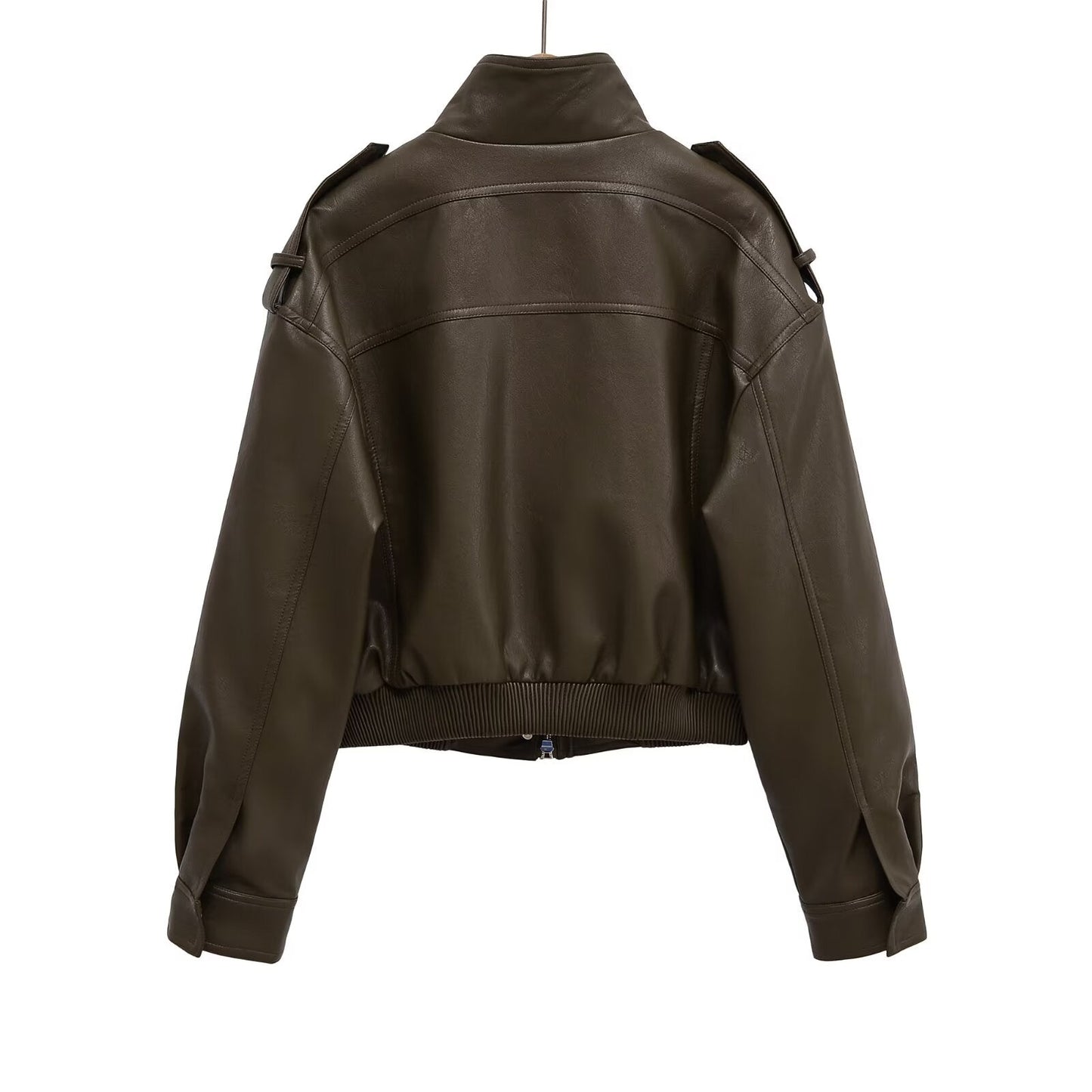 Women's short standing collar Faux Leather jacket Coat