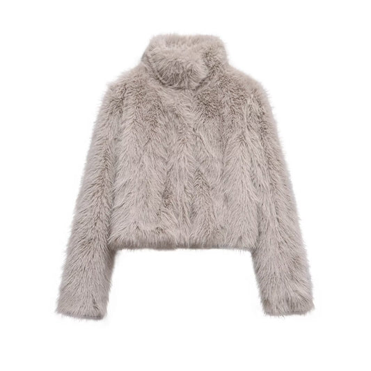 Women's faux fur effect short stand collar Coat