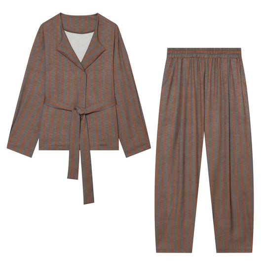 suit Women's 2 pieces with Belt linen blend striped Blazer Coat+Pants