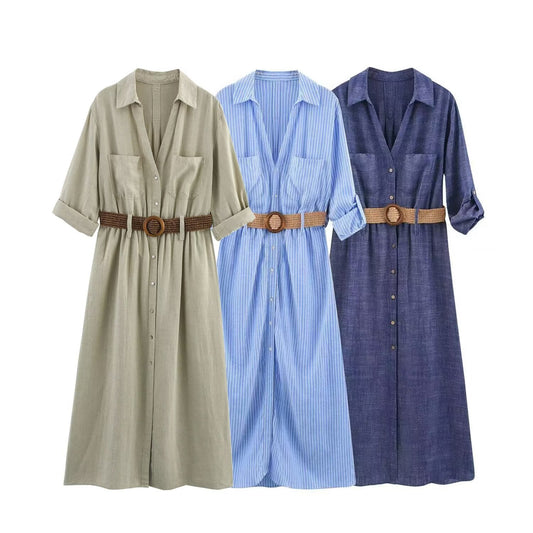 Women's 2025 fashion chic retro women's dress with belt midi skirt