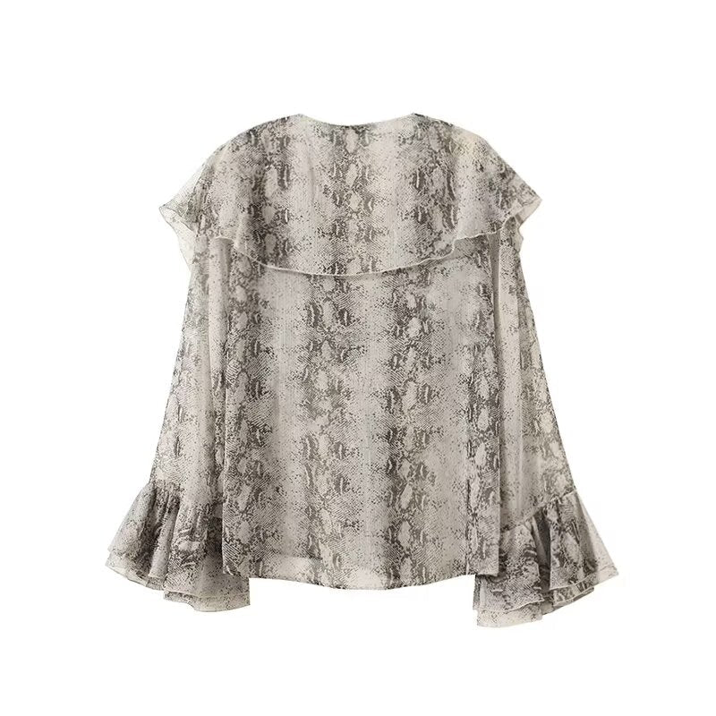 Women's 2025 new fashion printed striped Ruffled V-neck shirt