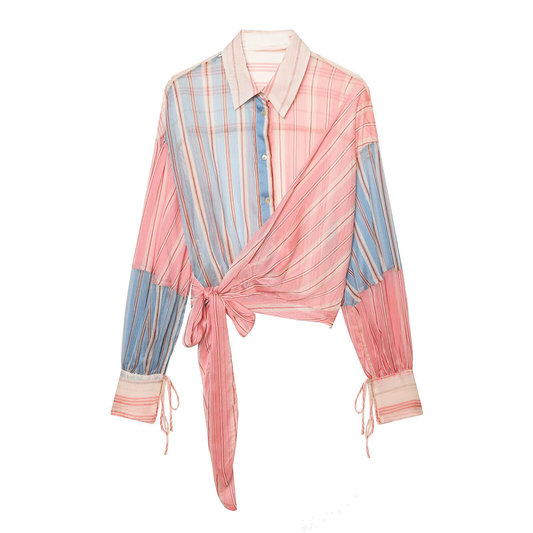 Women's micro transparent striped patchwork lace up shirt
