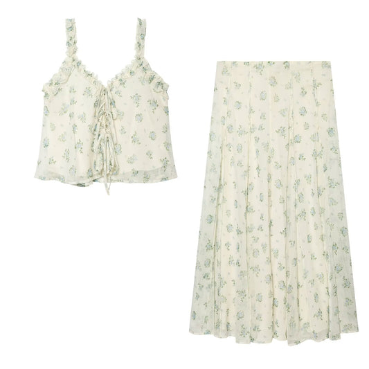 suit Women's 2 pieces chiffon floral A-line MIDI skirt+floral top