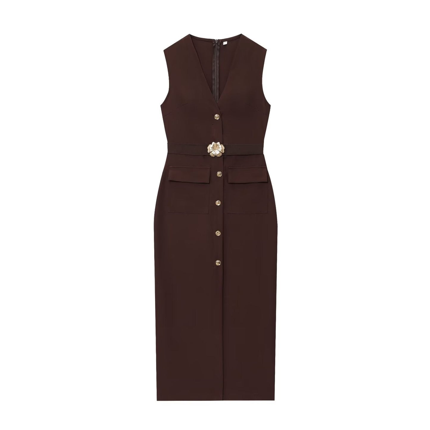 Women's New Fashion With Belt Sleeveless V-neck Midi Dress