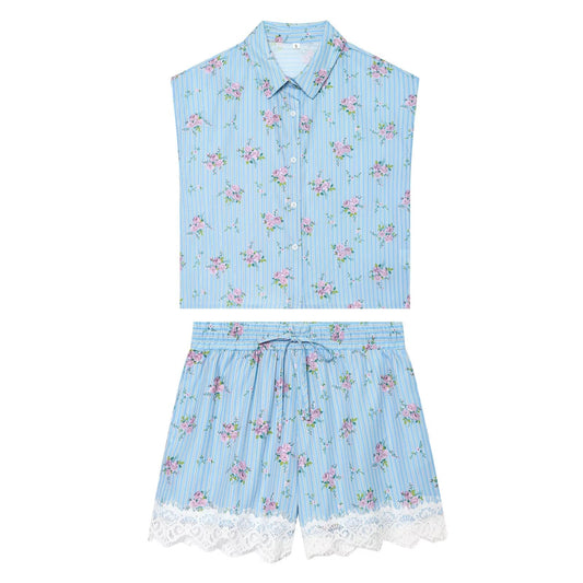 suit Women's 2 pieces striped printed shirt+striped lace shorts