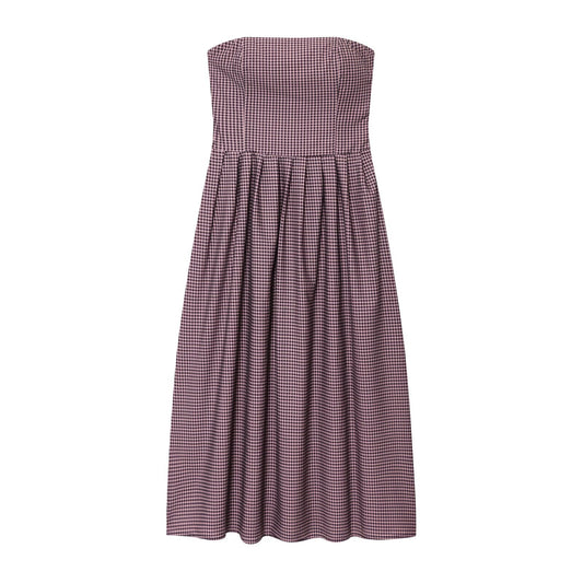 Women's new fashion pleated decorative plaid strapless MIDI dress