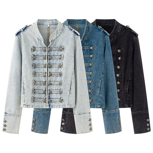 Women's buckle decoration retro denim Coat