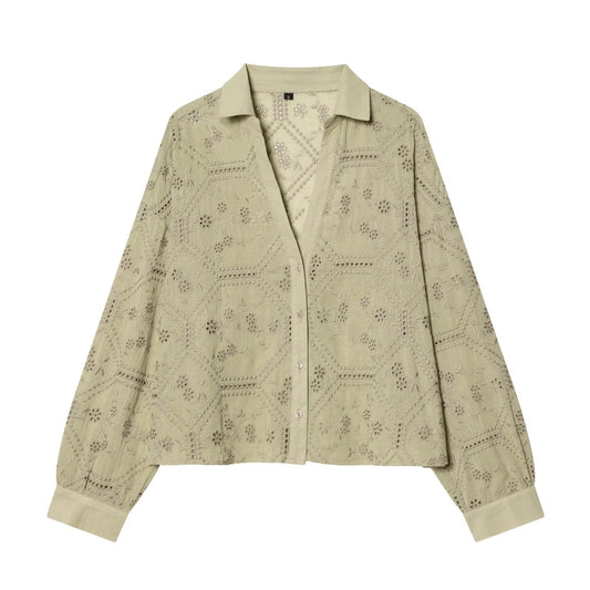 Women's hollowed out embroidered lapel shirt