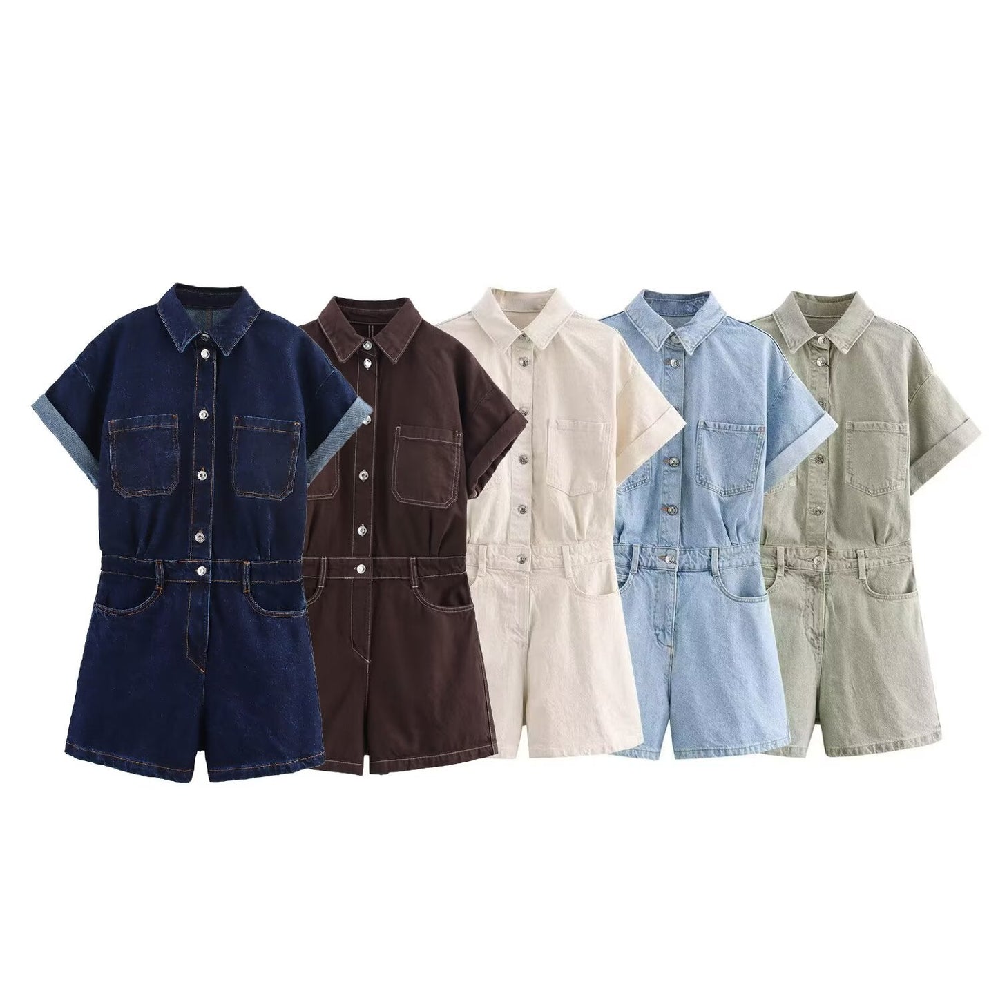 Women's new fashion short sleeved single breasted denim jumpsuit