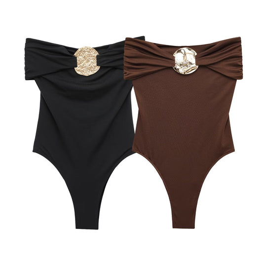Ladies' new fashion pleated decoration tight strapless swimsuit retro sleeveless backless women's swimsuit
