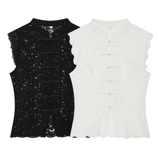 Women's lace hollow out buckle sleeveless vest
