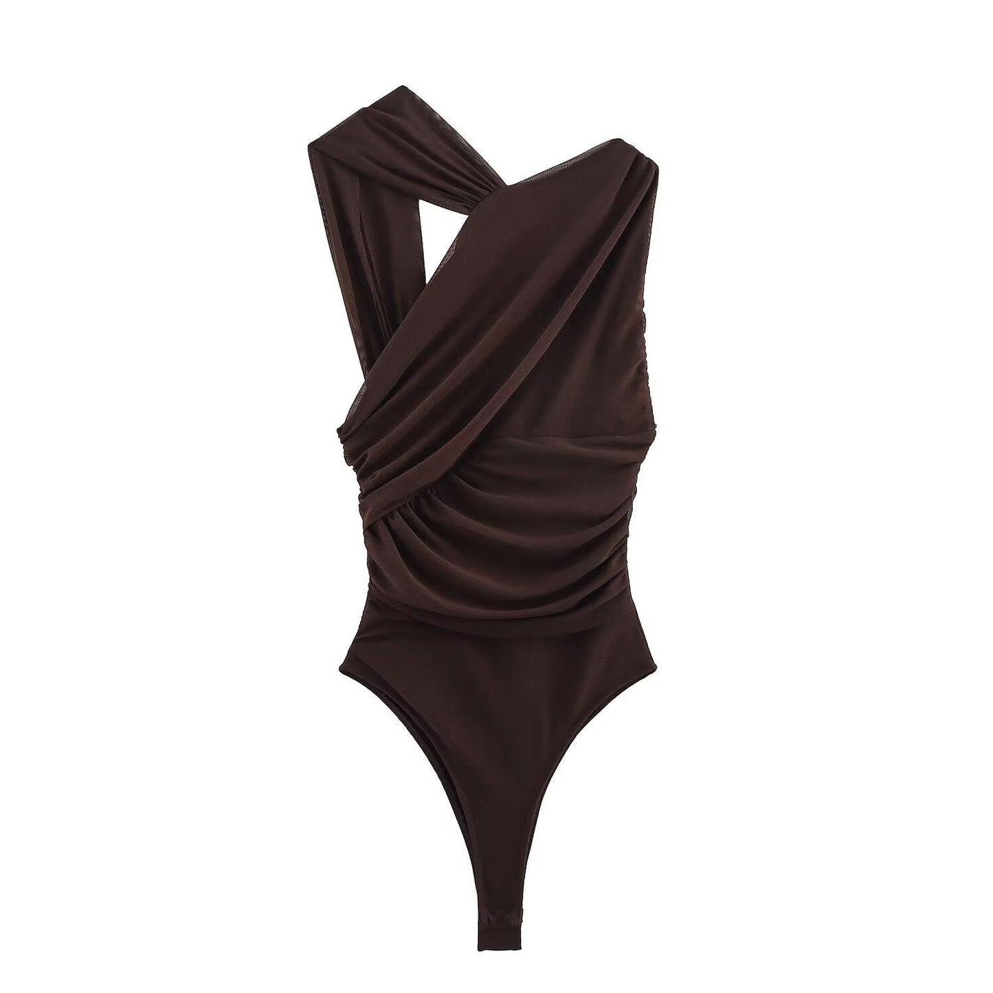 Women's 2025 new fashion tight pleated Printed tulle bodysuit