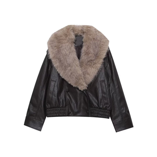 Women's detachable collar Faux Leather jacket Coat