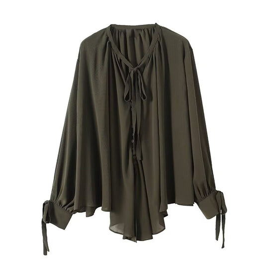 Women's new fashion bow ribbon decoration long sleeved shirt