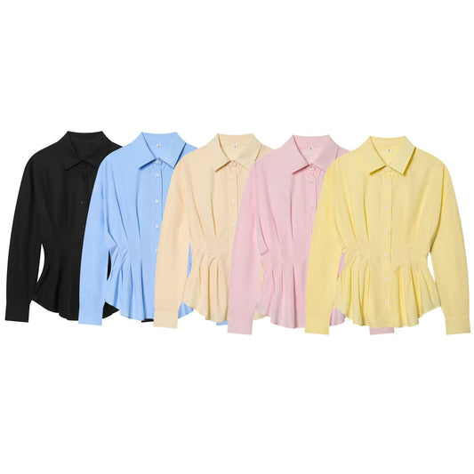 Women's pleated design slim lapel shirt