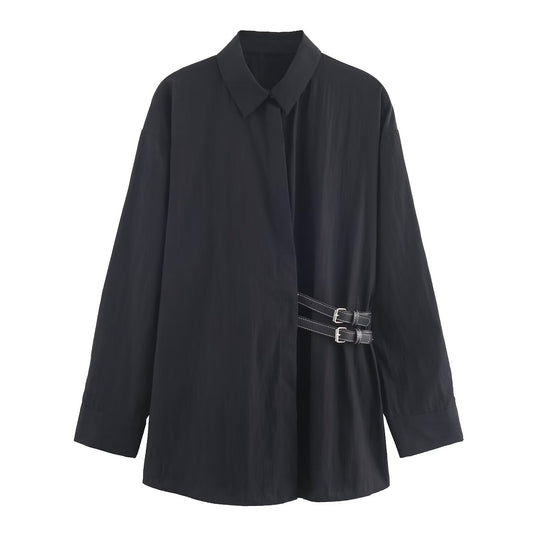 Women's 2025 new belt decoration loose poplin shirt