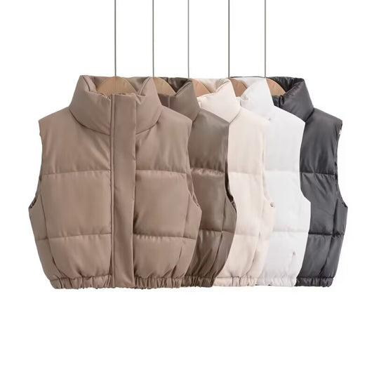 Women's standing collar Faux Leather cotton vest