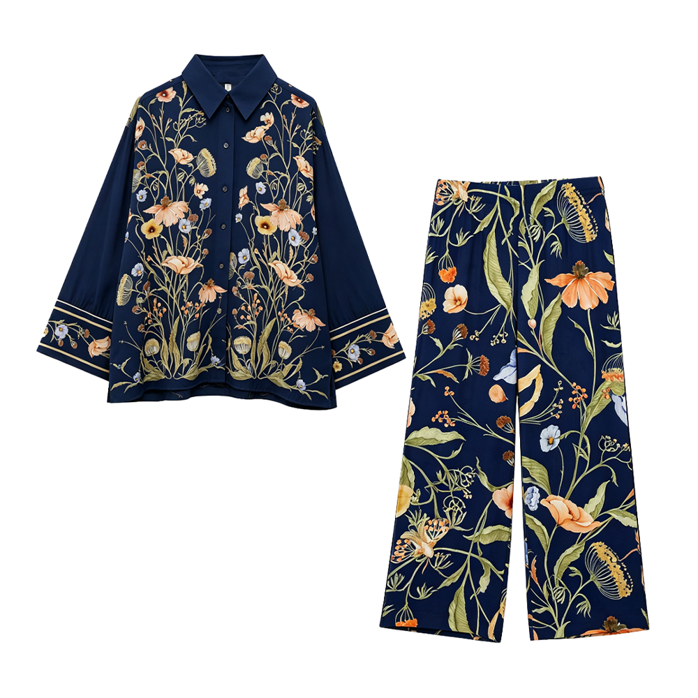 suit Women's 2 pieces loose long sleeved printed shirt+Pants