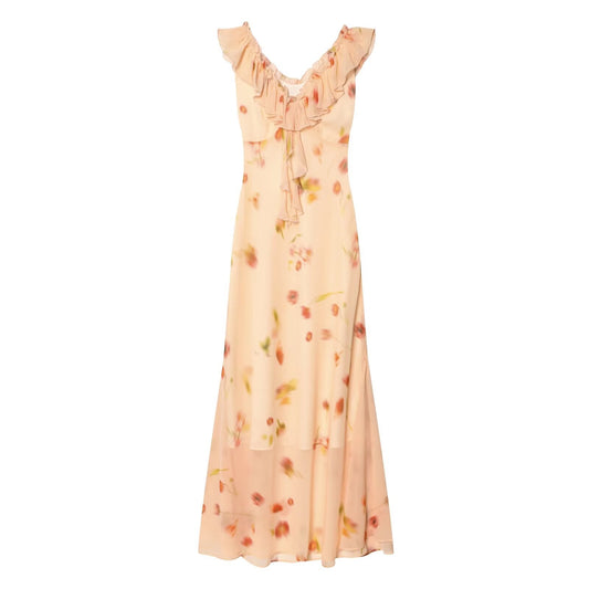 Women's ruffle edge decorative printed MIDI dress