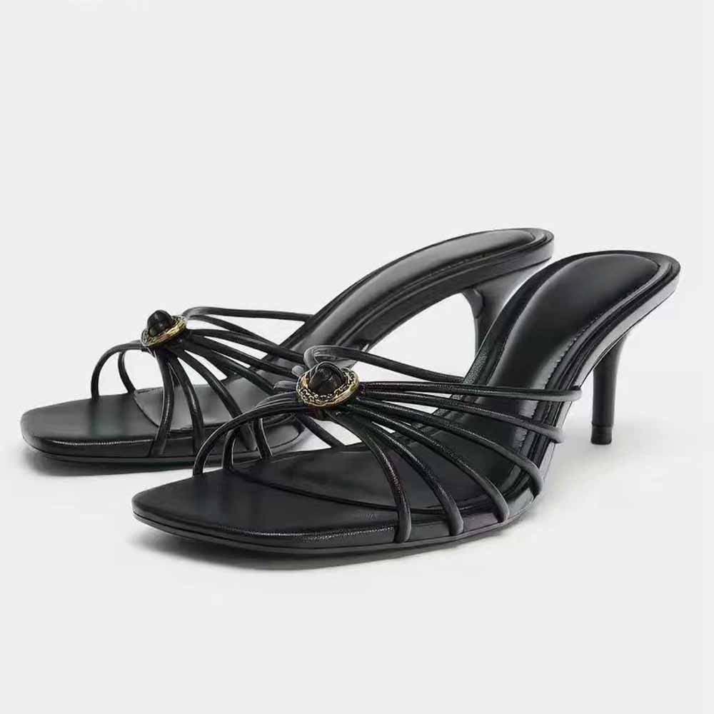 Women's new fashion metal decorative square high-heeled slippers