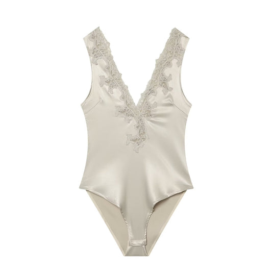 Women's lace decorated satin textured bodysuit