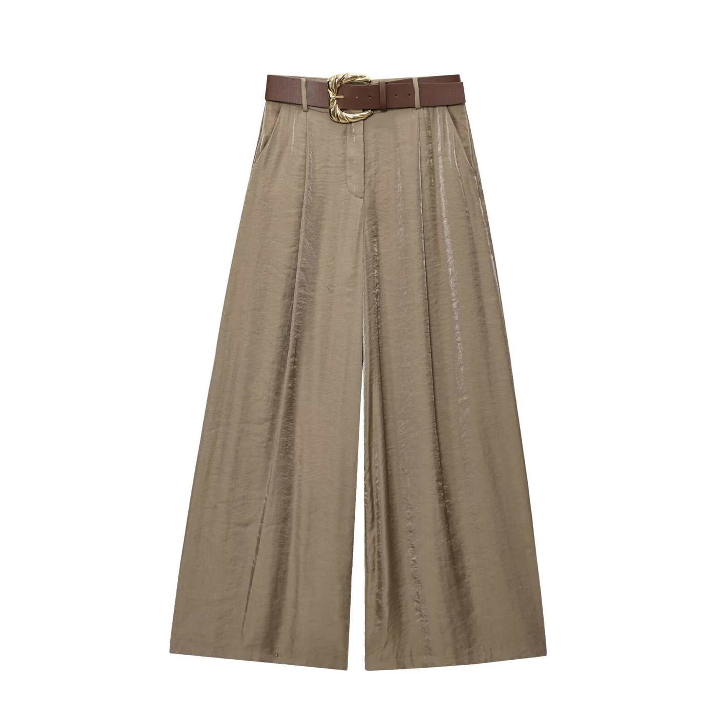 Women's chic Fashion With Belt loose satin texture wide leg pants