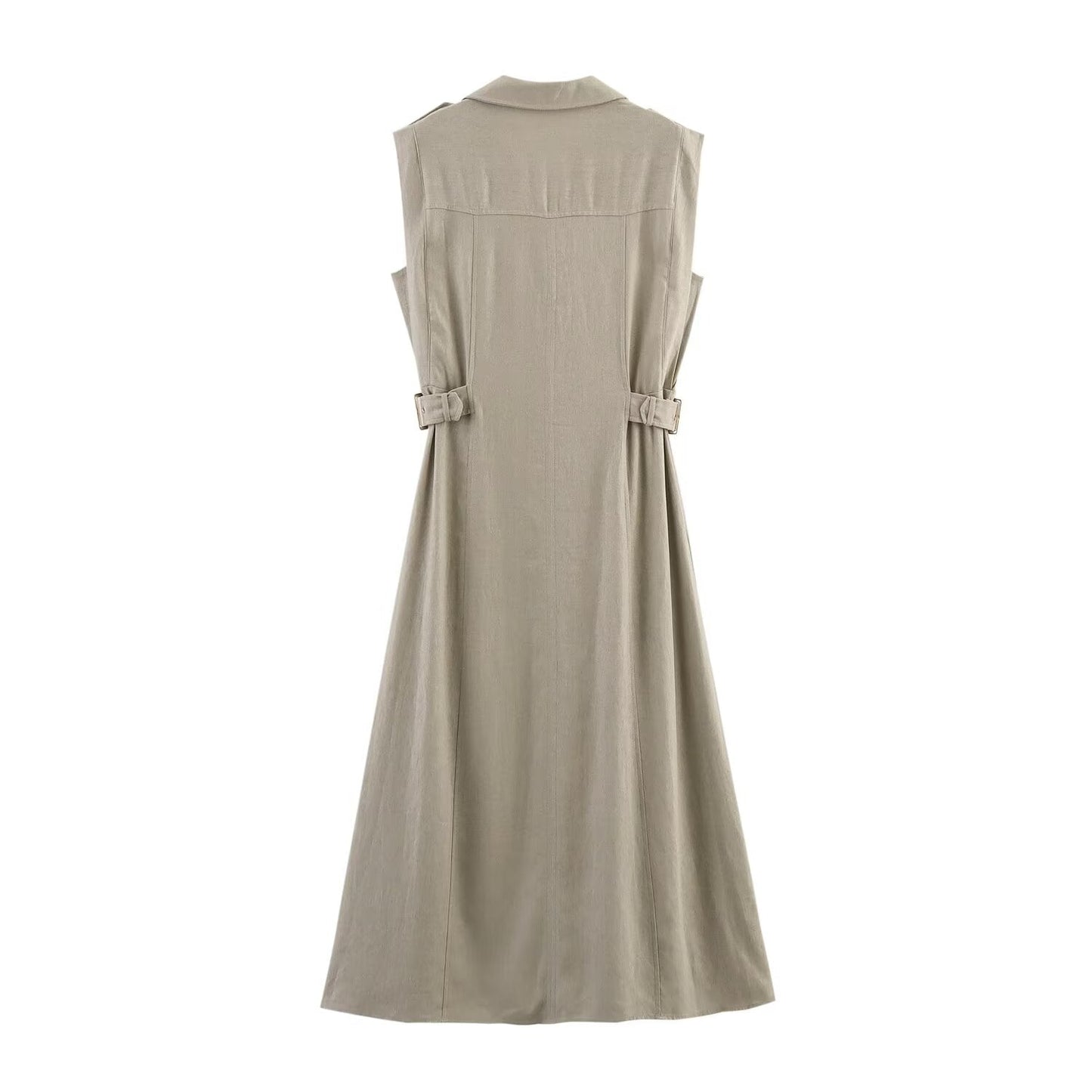 Women's new chic fashion flip decoration casual single breasted linen blended MIDI dress retro sleeveless women's dress