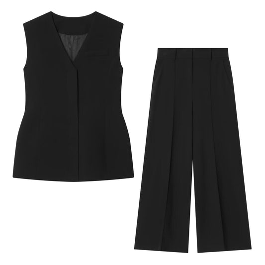 suit Women's 2 pieces black slim V-neck vest+Pants
