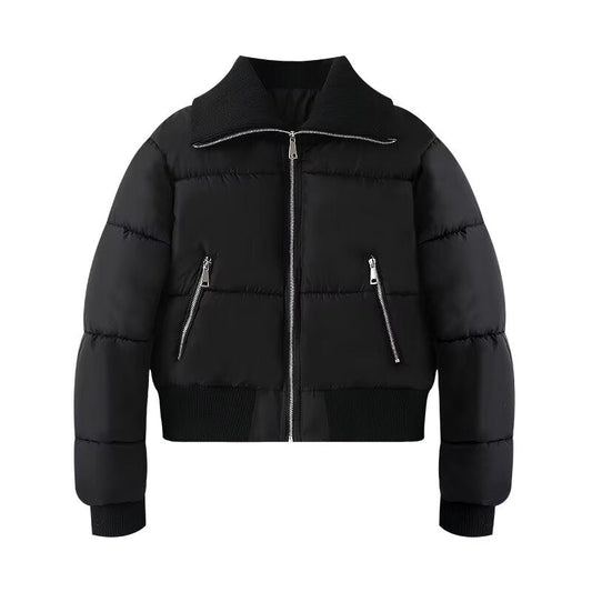 Women's black ribbed lapel down cotton Coat
