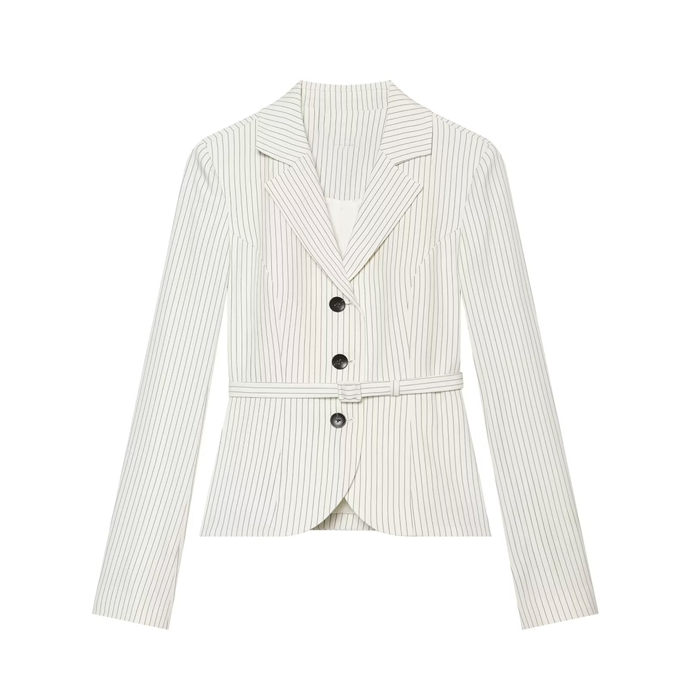 Women's with Belt striped lapel Blazer Coat
