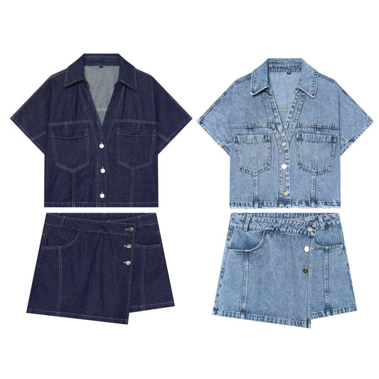 suit Women's 2 pieces casual short denim shirt+culottes