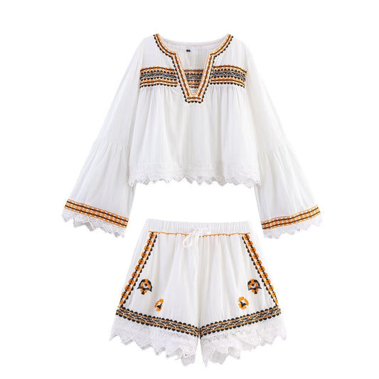 suit Women's 2 pieces casual embroidered V-neck shirt+Shorts