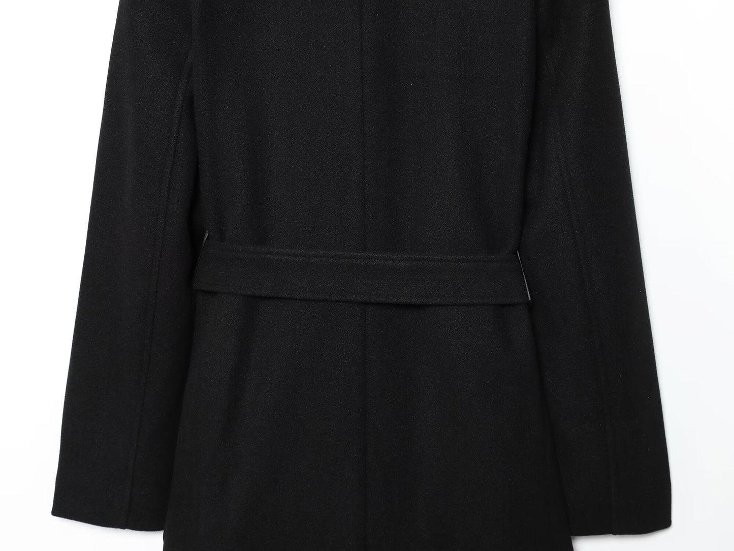 Women's New Fashion With Belt Black Long Style Wool Blended Woolen Coat