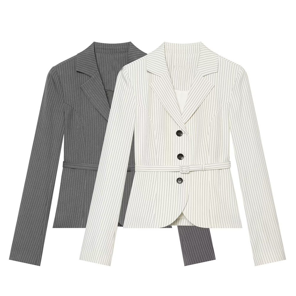 Women's with Belt striped lapel Blazer Coat