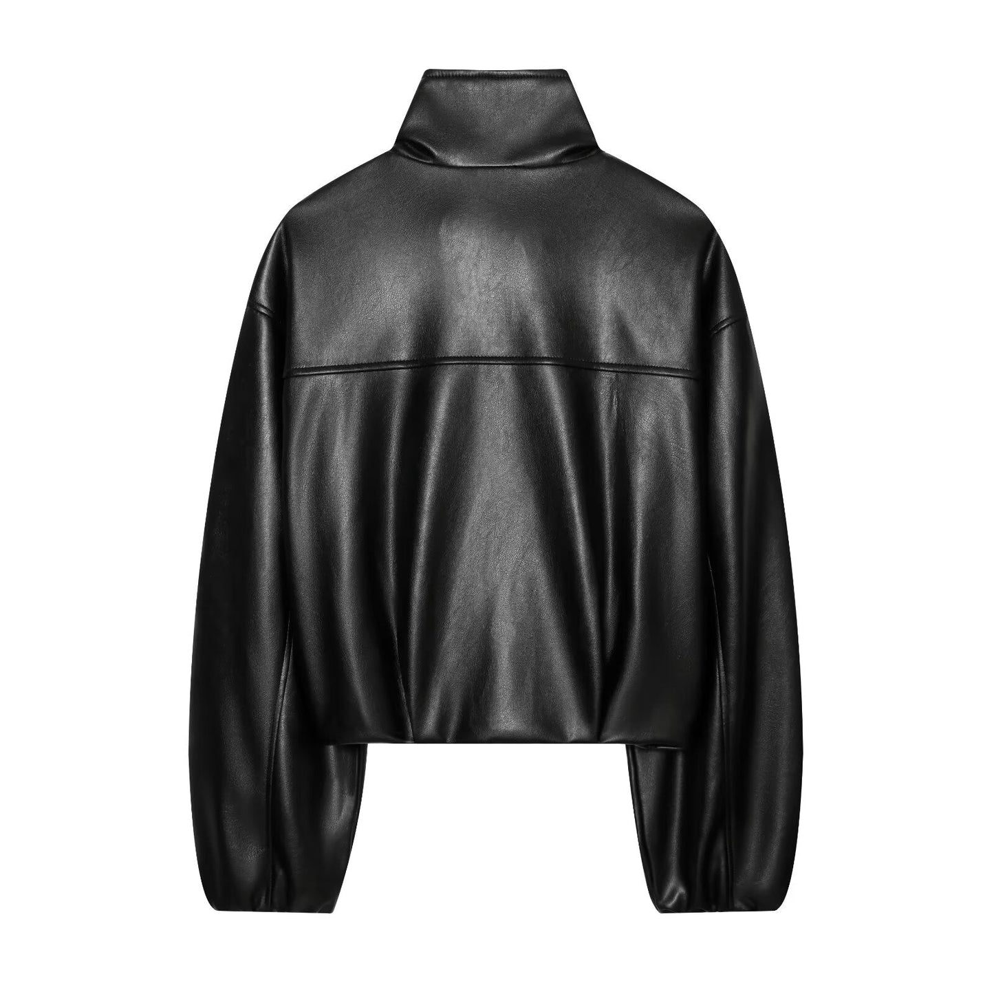 Women's Short Stand Collar Faux Leather Jacket
